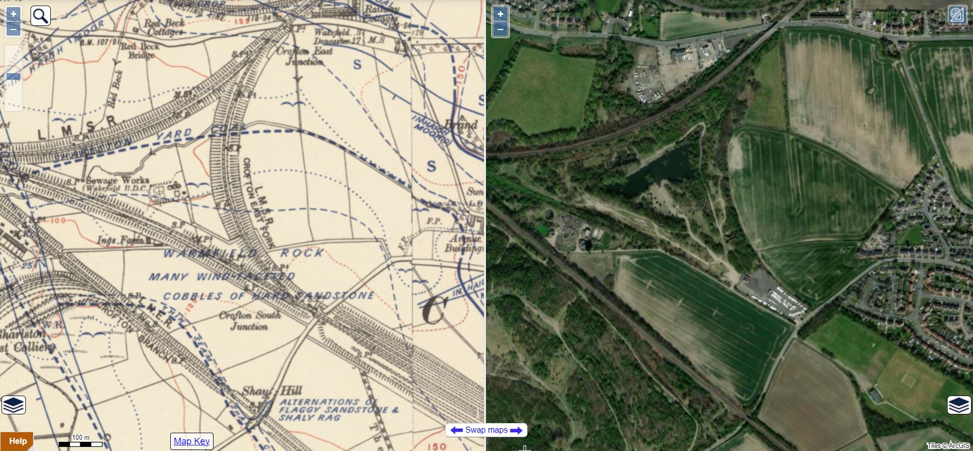 Side by side map showing the junction near Walton